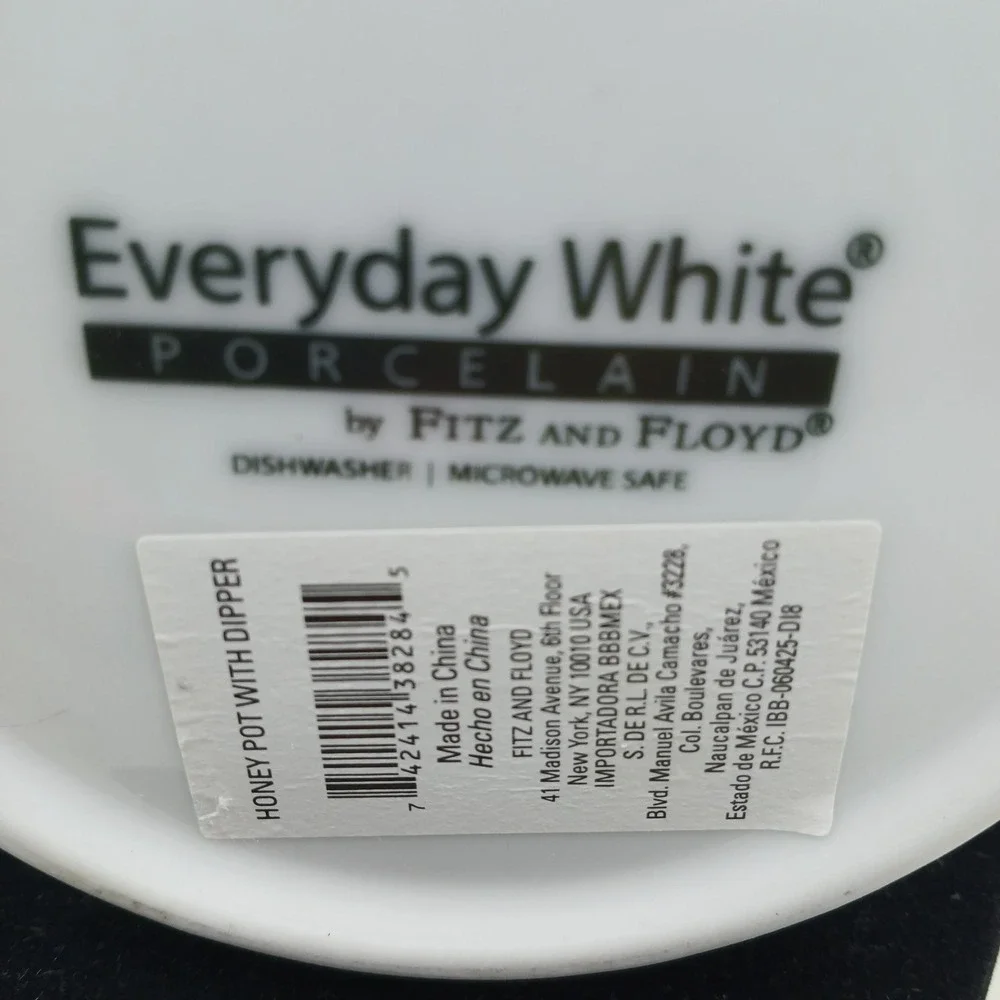 Fitz and Floyd Everyday White Honey Pot‎ with Dipper Porcelain Bee Lid Embossed